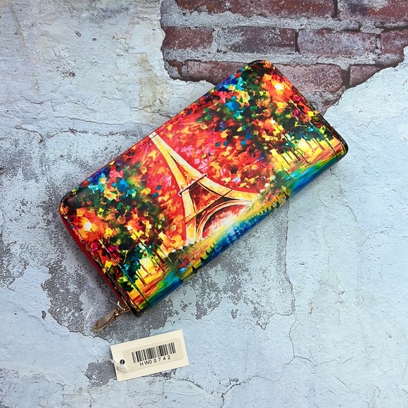 🆕Wallet Paris Eiffel Tower Artistic VanGogh Style Graphic Card Slots Zip Pocket - Picture 2 of 7